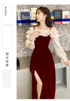 Vestido De Noche Elegante Para Mujer Con Volantes Y Patchwork Manga Larga Hombro Descubierto A-line Con Abertura Alta Vestido De Boda Y Fiesta - details 2