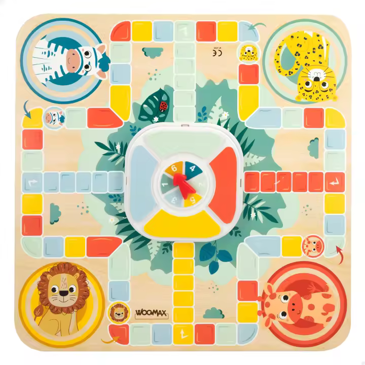 WOOMAX - Juego de la oca y parchís, Juegos de mesa 2 en 1 para niños, Fabricado en madera natural FSC, Tablero 30x30 cm, Juegos clásicos infantiles, Juguetes educativos, Regalo niños navidad, +4 años - 1