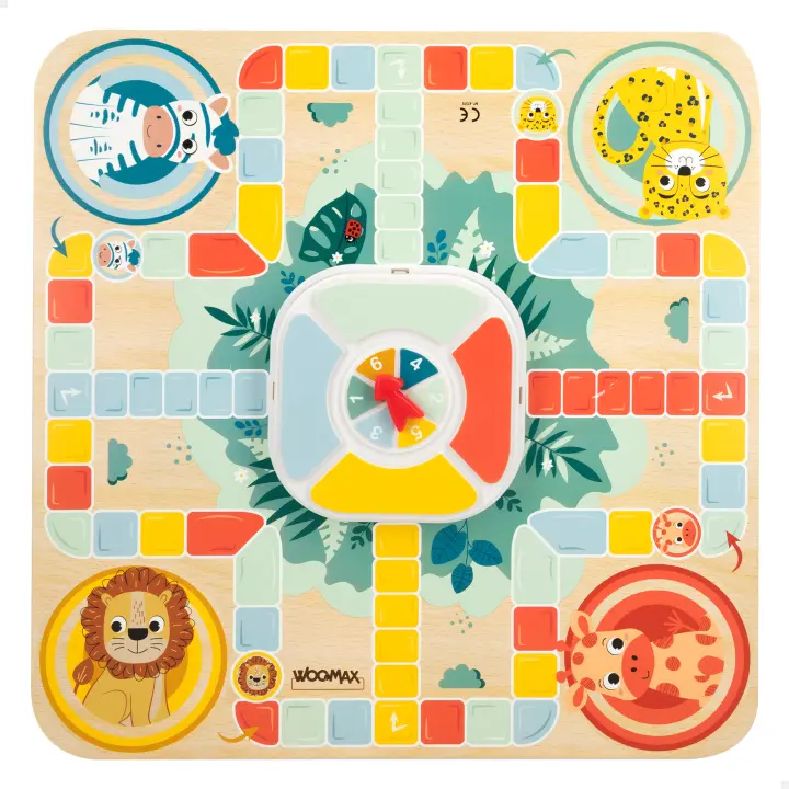 WOOMAX - Juego de la oca y parchís, Juegos de mesa 2 en 1 para niños, Fabricado en madera natural FSC, Tablero 30x30 cm, Juegos clásicos infantiles, Juguetes educativos, Regalo niños navidad, +4 años - 1