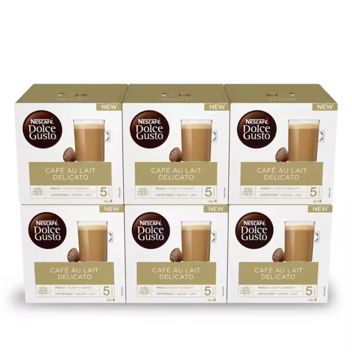 Cafe con leche Delicato 6 cajas de 16 Cápsulas Nescafé Dolce Gusto Original - 1