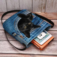 Bolso De Hombro Para Mujer De Gran Capacidad Estampado De Gato Bolso Cruzado Personalizado Ligero Bolsa De Mano Casual De Denuio - details 5