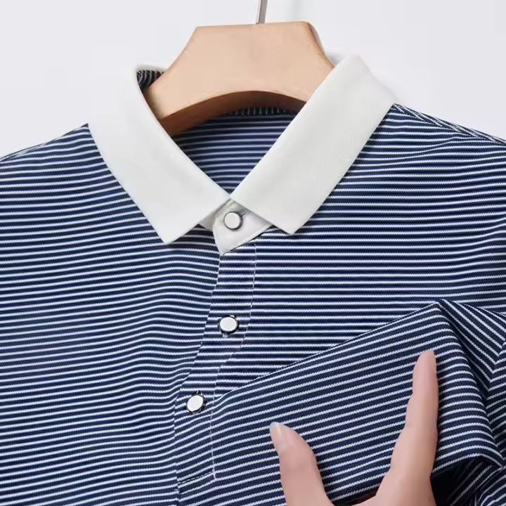 Camisa Polo De Punto Para Hombre 2024 Con Estampado De Rayas Algodón Transpirable Y Cómoda Para Negocios Casual Estilo Moderno - 1