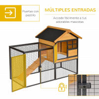 PawHut Conejera de Exterior Jaula para Mascotas Pequeñas 2 Niveles con Rampa Bandeja Extraíble de Madera y Metal 122x63x92 cm para Conejos Cobayas Madera y Gris - details 4