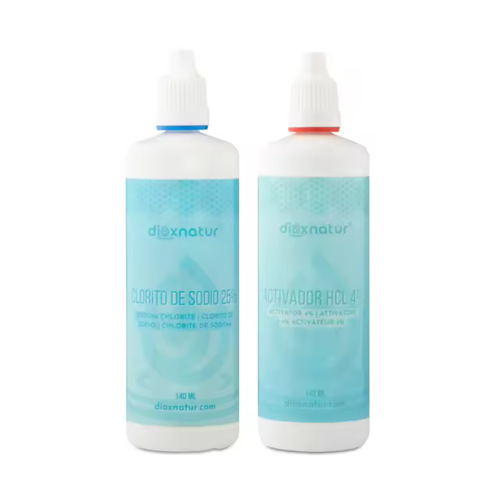 DIOXNATUR® Kit para la Fabricación de Dióxido de cloro 140 ml - HCL al 4% y Clorito al 25% Desinfectante de Agua Potable - 1