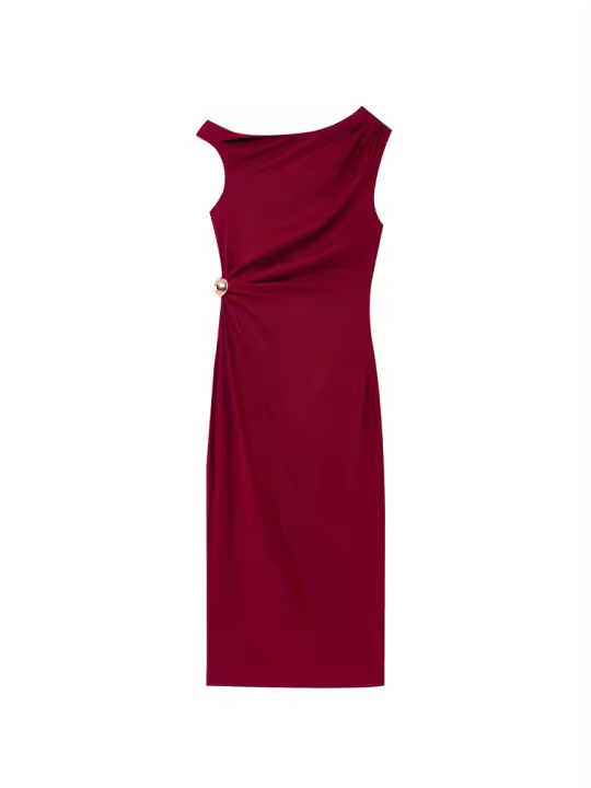 Vestido Midi Plegado De Verano Para Mujer Elegante Vintage O-Neck Sin Mangas De Lino Sólido Moda 2025 Vestido De Calle Tank - 1