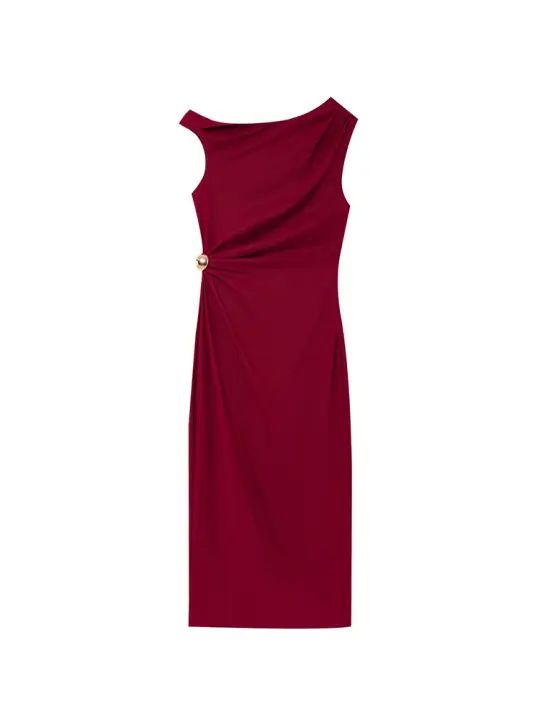 Vestido Midi Plegado De Verano Para Mujer Elegante Vintage O-Neck Sin Mangas De Lino Sólido Moda 2025 Vestido De Calle Tank - 1