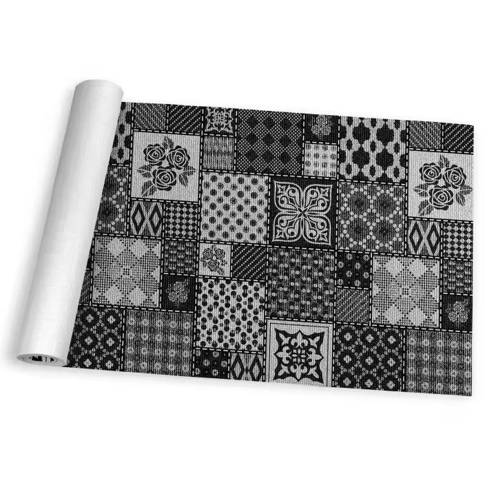 Alfombra de vinilo vinílica hidraúlica antimanchas para cocina salón por metros al corte - Patchwork gris negro 7100017 - 1