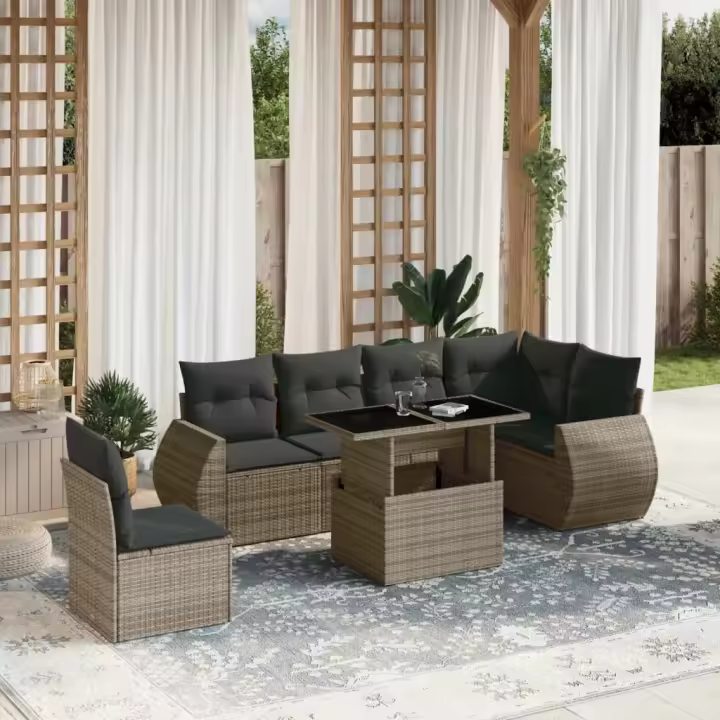vidaXL Set de sofás de jardín 7 pzas con cojines ratán sintético gris - 1