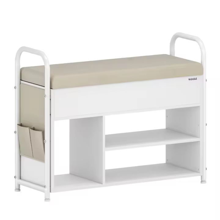 VASAGLE Banco Zapatero, Zapatero, Mueble de Entrada, Almacenamiento Interior Bajo la Tapa, Bolsillos de PU, Cómodas Asas, para Entrada, Salón, Dormitorio, Marrón Rústico y Negro Tinta/Blanco Nube y Beige Capuchino - 1