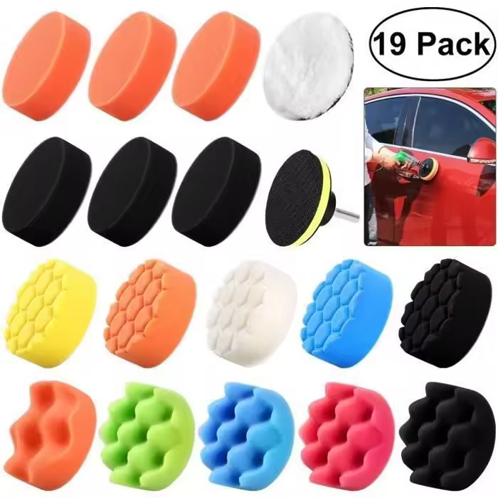 Kit de 19 almohadillas de Pulido de Esponja de 3 pulgadas con adaptador de Taladro M10 para pulidora de automóviles - 1
