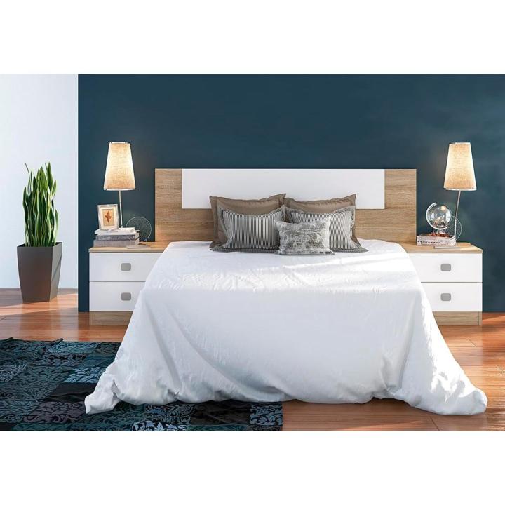 Meyvaser, Conjunto Pack Cabecero y 2 Mesitas de Noche, Incluye Herrajes para Colgar, Color Cambrian y Blanco, Dormitorio Doble de Matrimonio o Juvenil, Medidas:160x45x1,6 cm (LargoxAltoxProfundo)