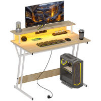 HOMCOM Mesa Gaming con Luces LED 100x60 cm Escritorio Gaming Mesa Gamer con Tomas de Corriente Soporte para Monitor Estantes y Control Remoto para Oficina Estudio Natural - details 0
