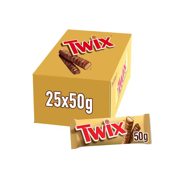 Chocolatina Twix con Galleta crujiente y suave caramelo recubiertos de chocolate con leche - 25x50g - 1
