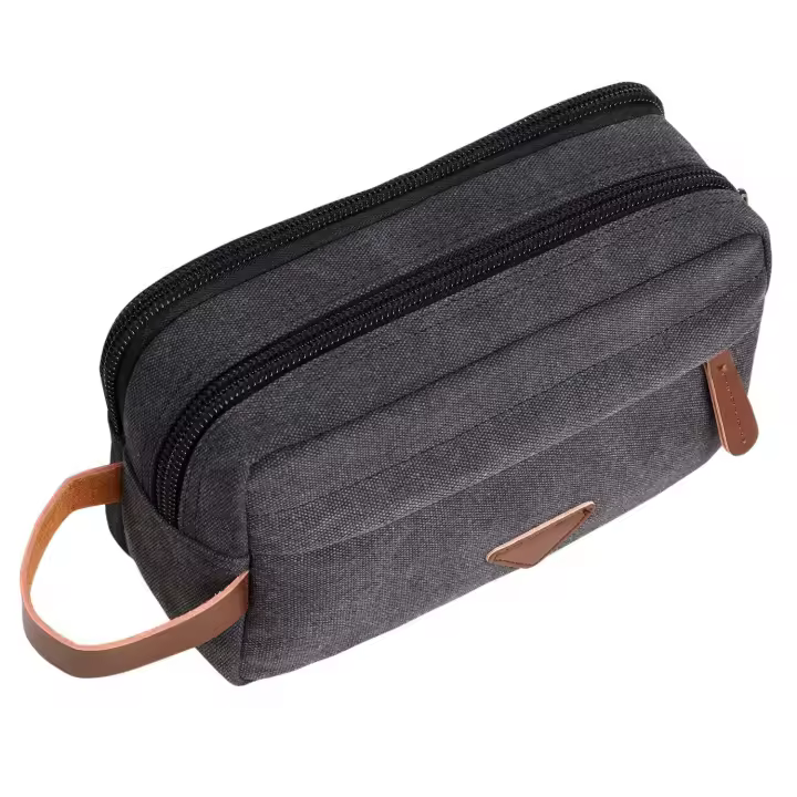Neceser de viaje para hombre con compartimentos dobles, de lona y cuero, organizador de maquillaje y cosméticos, kit de afeitado, color negro - 1