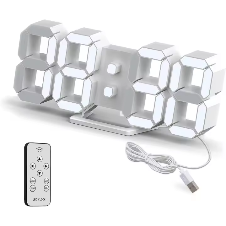 Reloj despertador digital LED 3D, Reloj de Mesa Pequeño, sin Sonido, función de Repetición, Brillo, regulable, Hora, 12/24 horas, fecha, temperatura, control remoto, Luz Nocturna, 24,7 cm - 1