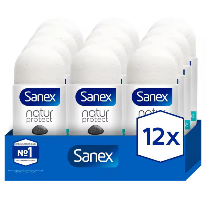 Desodorante roll-on Sanex Natur Protect 24h anti-manchas blancas con piedra de alumbre 50ml Pack de 12 - 1