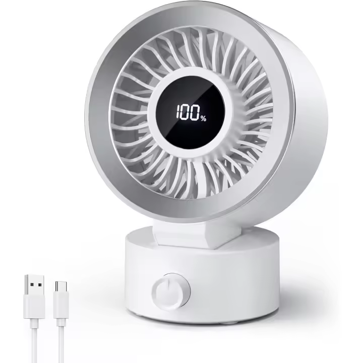 Ventilador de mesa con control remoto, silencioso, pantalla digital, inalámbrico, de pared, recargable por USB, con inclinación de 105°, larga duración, portátil, para casa, oficina, cocina, viajes, camping (blanco) - 1