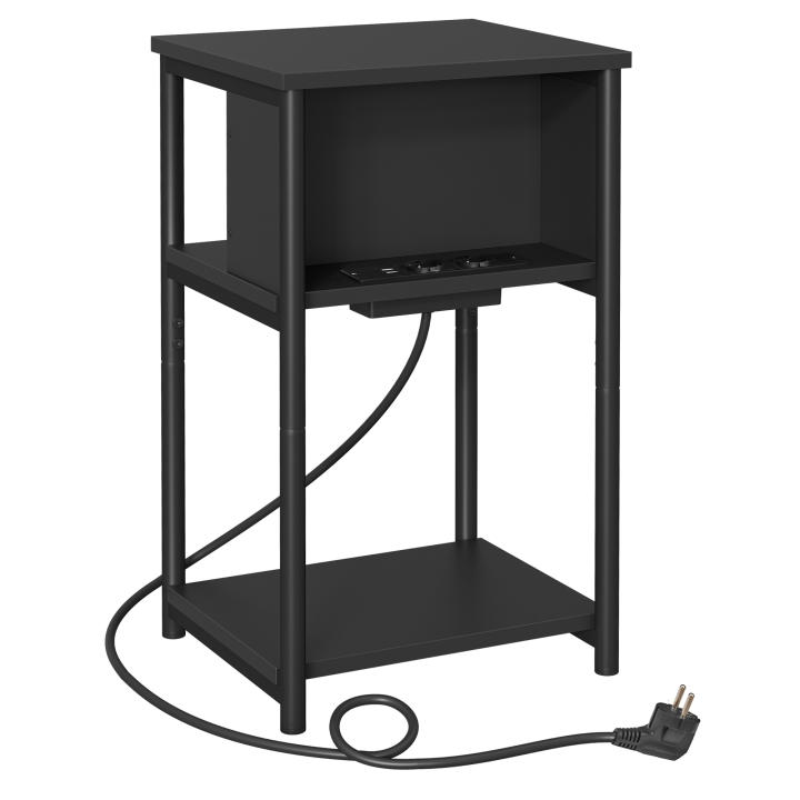 VASAGLE Mesa Auxiliar con Enchufe, Mesita de Noche con 2 Tomas AC y 2 Puertos USB, 30 x 34 x 58 cm, para Sala de Estar, Dormitorio, Negro/Marrón Camello y Negro