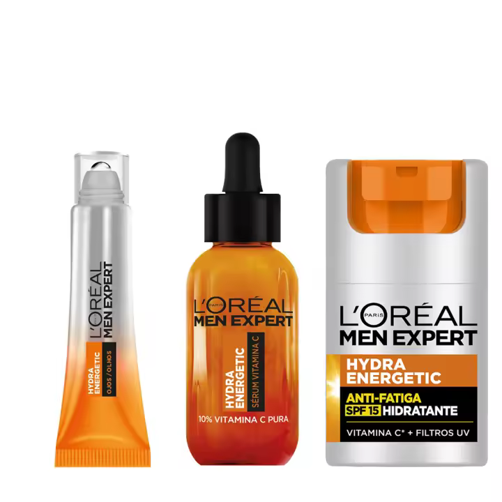 L'Oréal Paris | Men Expert Serum Vitamina C Hydra Energetic Anti-Fatiga + Hydra Energetic Roll-On Ojos Efecto Hielo Anti-Bolsas y Anti-Ojeras para hombres 10ml + Energetic Crema Hidratante Anti-Fatiga 24h con SPF15 - 1