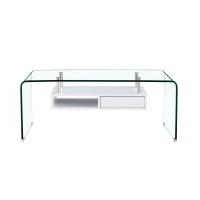 Mesa NEWARK, baja, estante blanco, cristal curvado, 110 x 60 cm Mesa baja multiuso de diseño.  -Cristal curvado de 12 mm. de espesor acabado transparente.  -Estante colgado de madera con hueco y cajón en acabado blanco. - details 1