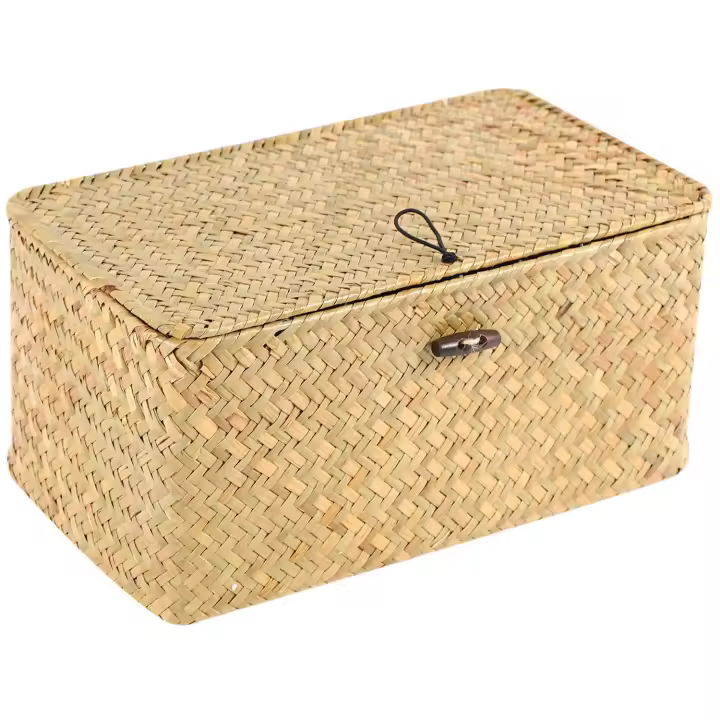 Cesta de almacenamiento tejida de paja hecha a mano con tapa, organizador de maquillaje, caja de almacenamiento de algas marinas, cestas de lavandería, caja de joyería de ratán - 1