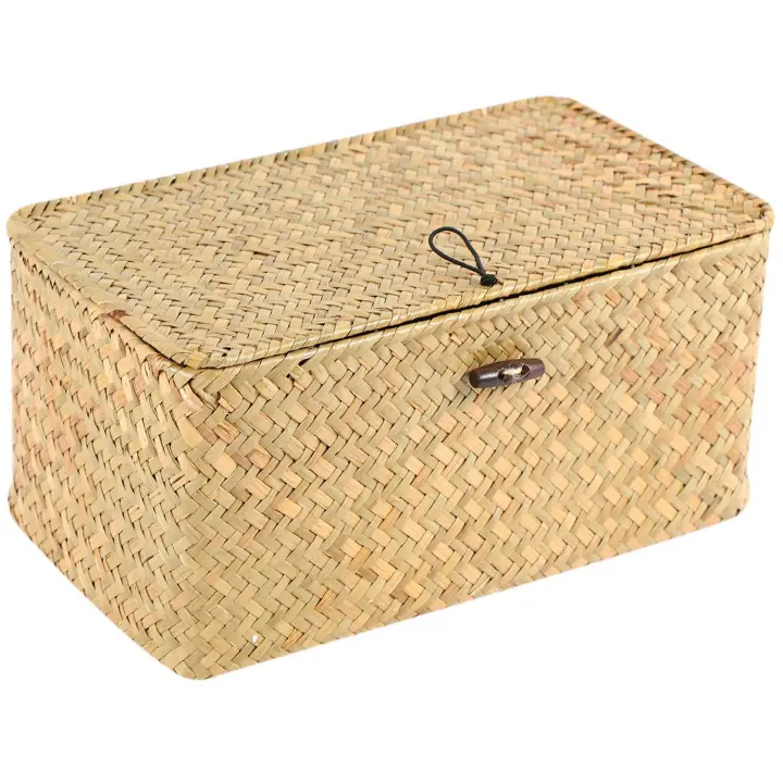 Cesta de almacenamiento tejida de paja hecha a mano con tapa, organizador de maquillaje, caja de almacenamiento de algas marinas, cestas de lavandería, caja de joyería de ratán - 1
