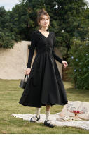 MISHOW Vestido Negro Tejido a Mano Con Ajuste Para Mujer Primavera/Otoño V-cuello Elegante Vintage A-line Midi Vestido MXC59L1640 - details 4
