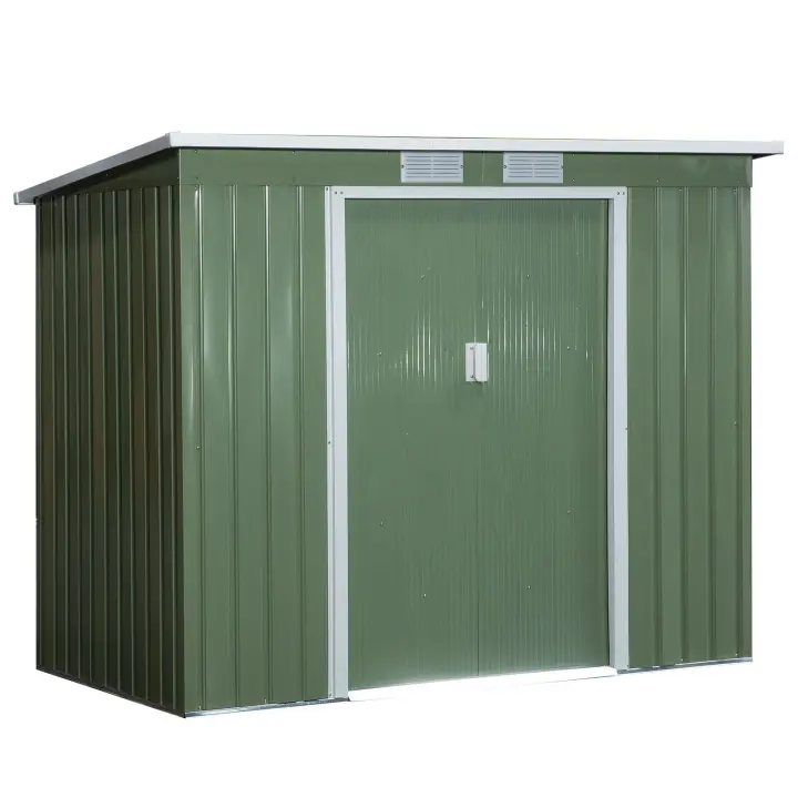 Outsunny Cobertizo de Jardín 213x130x172 cm Base de 2,42 m² Caseta de Exterior Metálica para Almacenamiento de Herramientas con 2 Puertas Correderas y 2 Ventanas Verde - 1