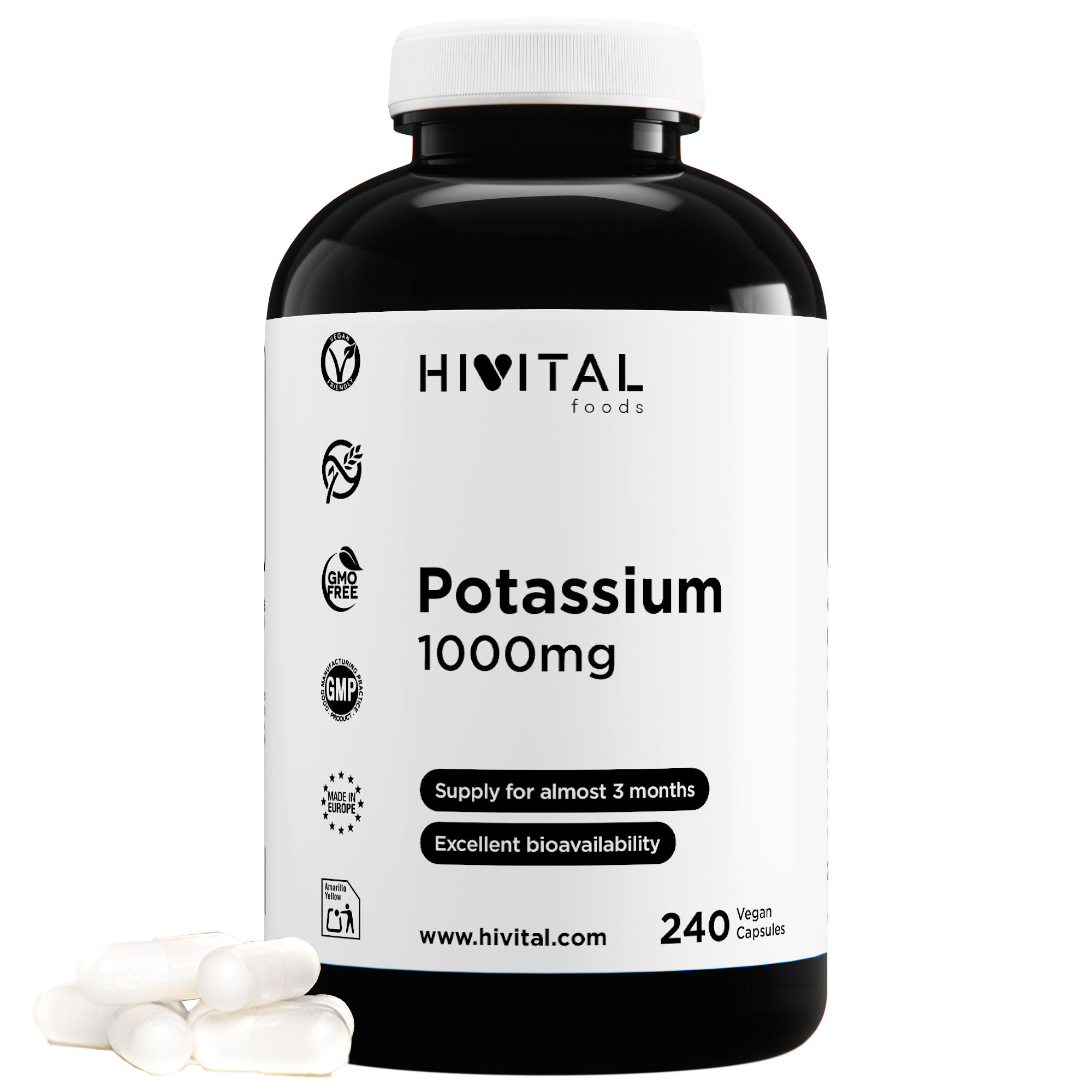 Potasio puro 1000 mg procedente de Citrato de Potasio. 240 comprimidos veganos para más de 2 meses. Hivital