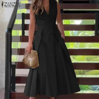 Vestido Midi Elegante ZANZEA Para Mujer Estilo Trabajo OL Verano Vuelta En El Cuello Sin Mangas Silueta A-Line Oficina Casual Longitud Media Pierna - details 5