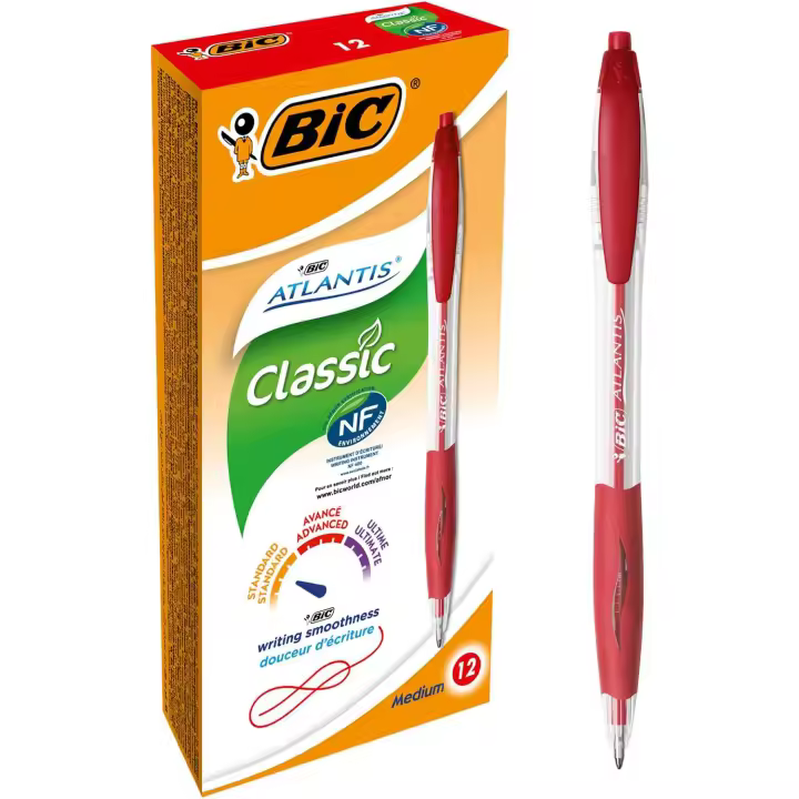 BIC Atlantis Classic Bolígrafo Retráctil Punta Media 1,0mm Rojo (Caja de 12 Uds.) - 1