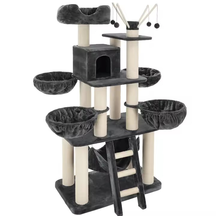 Tectake - Rascador para gatos Gismo | Altura 195 cm | 4 nidos giratorios, mirador y hamaca, Casita para gatos, Incluye sistema antivuelco, Árbol de juegos, 4 pelotas con sonajero, Columnas de sisal - 1