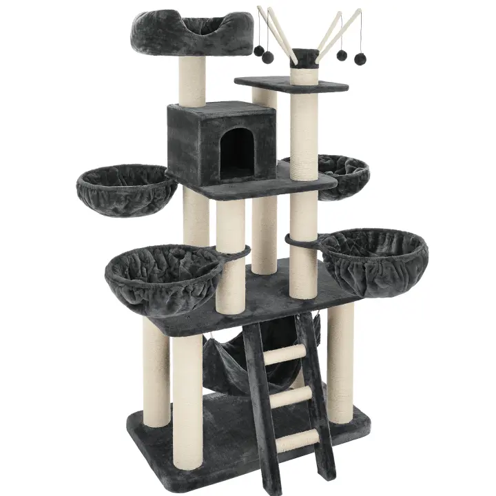 Tectake - Rascador para gatos Gismo | Altura 195 cm | 4 nidos giratorios, mirador y hamaca, Casita para gatos, Incluye sistema antivuelco, Árbol de juegos, 4 pelotas con sonajero, Columnas de sisal - 1