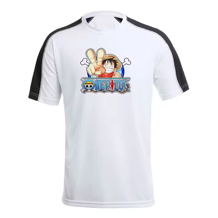 MERCHANDMANIA CAMISETA TÉCNICA FRANJA MANGAS NEGRA logo one piece Monkey D Luffy personaje serie tshirt - 1
