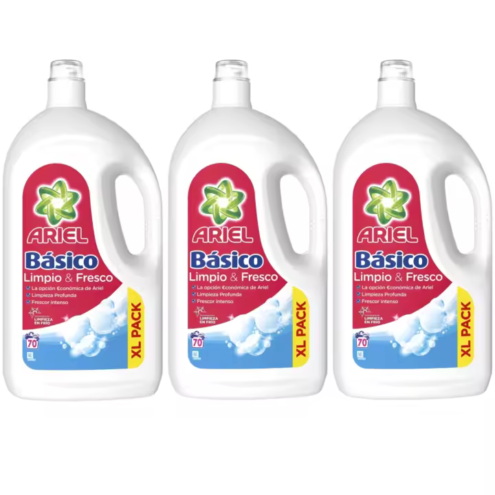 ARIEL Básico Detergente Líquido Para Ropa 70D Formato XL - Pack AHORRO 3 Unidades - Total 210 Lavados - 1