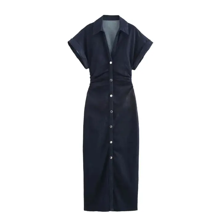 Vestido Midi De Denim Plegado TRAF Para Mujer Elegante Casual Con Manga Corta Chic Para Comunicación Diaria Vestido Midi A-Line Sin Estiramiento - 1