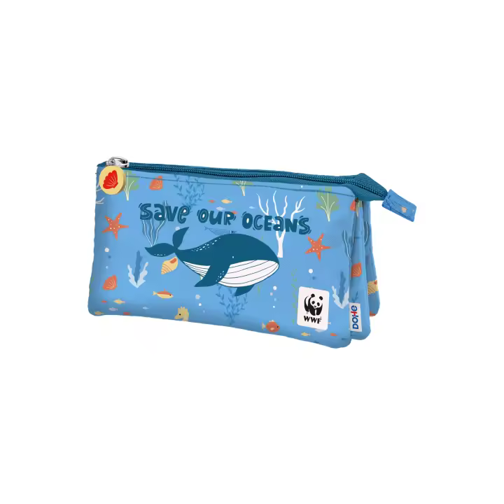 Dohe - Estuche Escolar 3 Compartimentos - Cierre de Cremalleras, Licencia Oficial, Poliéster Resistente, 23x12x2,5 cm, Material escolar - WWF Save Our Oceans - 1