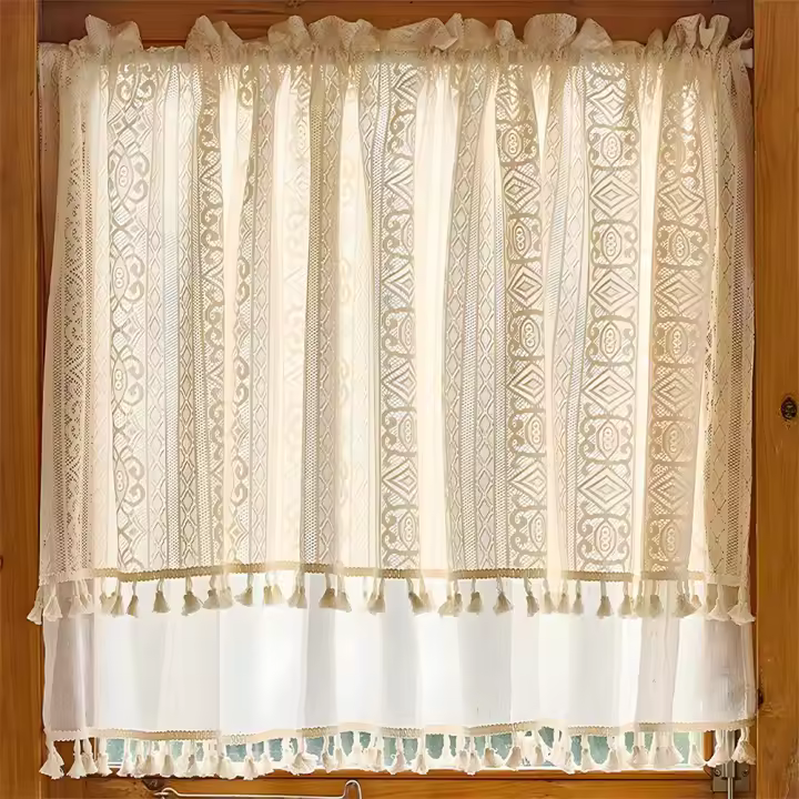 Panel De Cortina De Voile De Lino Boho Con Borlas Semi-Transparente Para Cocina Y Sala De Estar 2 Capas Con Bolso Para Rodamiento Cortinas Cortas Modernas Sin Aislamiento Térmico Ni Acústico - 1