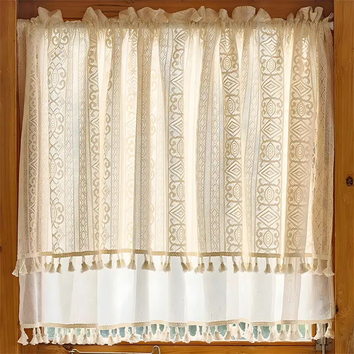 Panel De Cortina De Voile De Lino Boho Con Borlas Semi-Transparente Para Cocina Y Sala De Estar 2 Capas Con Bolso Para Rodamiento Cortinas Cortas Modernas Sin Aislamiento Térmico Ni Acústico - 1