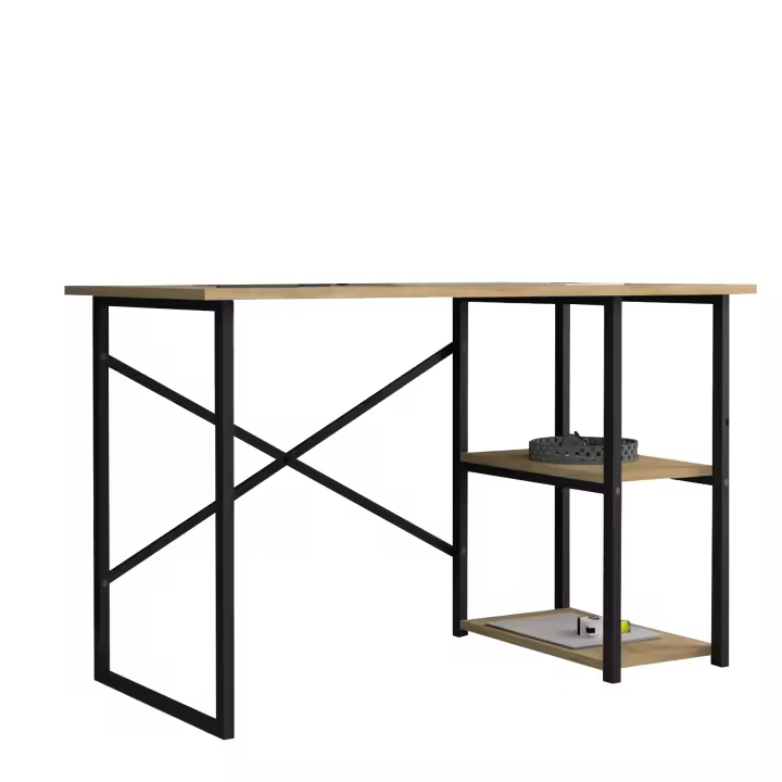 Mesa escritorio. Mesa de ordenador. Con 2 estantes. Estilo industrial. Estructura metálica negra y tablero melamina color roble Safir. (Alto 75 cm/Ancho 120 cm/Fondo 60 cm) - 1