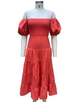 BAMBOOBOY Vestido Largo De Verano Para Mujer Hombros Descubiertos Color Sólido Manga Corta Puff Cuello Abierto A-Line Cintura Alta Midi Sundress - details 3