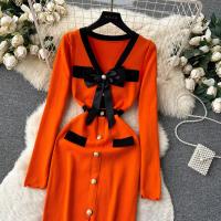 YuooMuoo Vestido Elegante Bodycon Para Mujer Con Cuello V Y Lazo Manga Larga Split Frontal Estilo Oficina Lady Chic Para Fiesta Y Trabajo - details 15