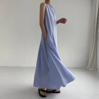 Vestido Maxi De Verano Para Mujer REALEFT 2024 Color Sólido Elegante Con Bolsillos Cintura Suelta Sin Mangas Casual Largo Hasta La Rodilla Material Algodón Y Poliéster - details 3