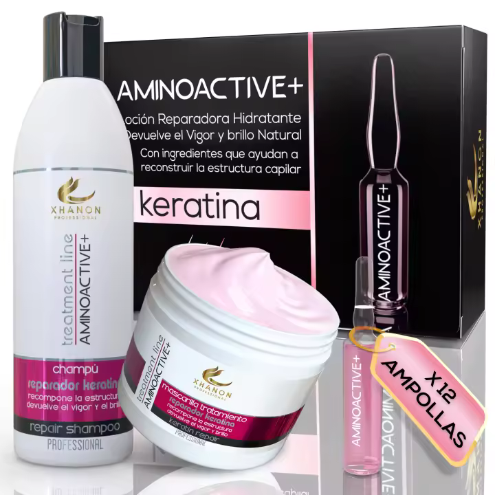 Pack Reparador - Champú Sin Sulfatos ni Parabenos - Aloe vera y Keratina - Mascarilla + Champú + Ampollas  - Reconstrucción - Suavidad - Brillo Natural - Xhanon Professional - 1