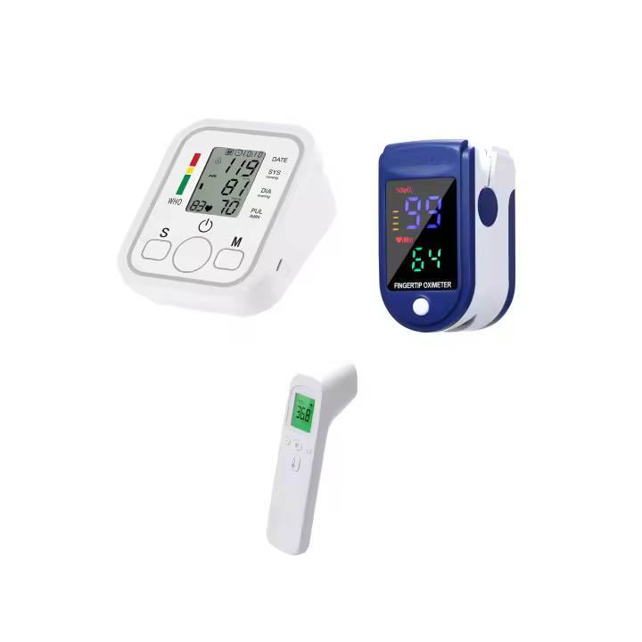 Kit para el hogar 3 en 1: tensiómetro digital, termómetro infrarrojo sin contacto y pulsómetro portátil. Controle la frecuencia cardíaca, la presión arterial y la temperatura corporal. Fundamental PARA LA Felicidad familiar. - 1