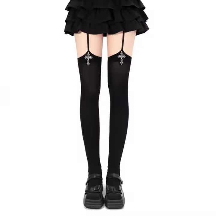 Medias De Rodilla Alta Para Mujer Color Sólido Con Decoración De Cruz Estilo Lolita Cosplay Gótico Finas Y Transpirables - 1
