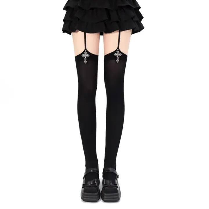 Medias De Rodilla Alta Para Mujer Color Sólido Con Decoración De Cruz Estilo Lolita Cosplay Gótico Finas Y Transpirables - 1