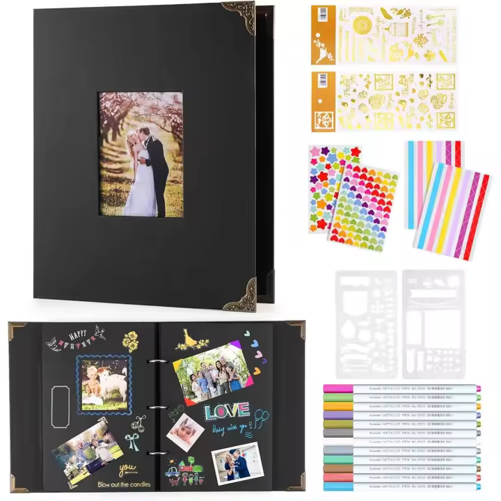 Álbum de fotos de carpeta de anillas,  fotos para pegar y escribir, para 160 fotografías,  fotos scrapbook 60 páginas, Con 10 Bolígrafos Metálicos, libro de visitas para cumpleaños - 1