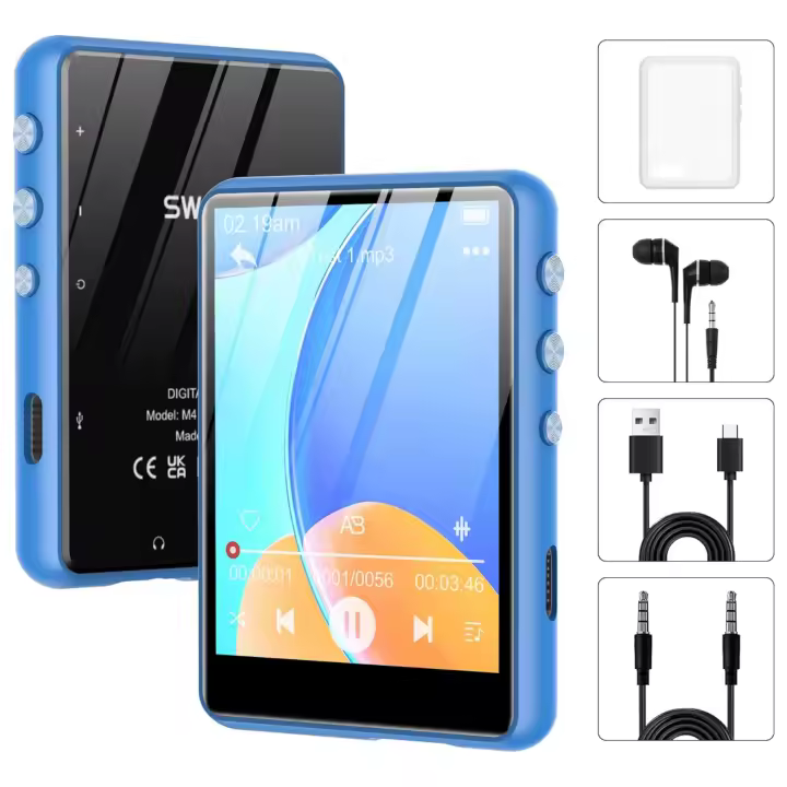 SWOFY Reproductor MP3 De 64GB Con Pantalla Táctil Bluetooth 5.3 Radio FM Con Altavoces HD Hasta 128GB Azul Soporte De Memoria Externa Grabación De Voce Y Lectura De Libros Electrónicos - 1