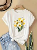 Camiseta De Mujer Con Estampado De Margarita Amarilla Corta Estilo Casual Cuello Redondo Para Primavera/Verano Top Gráfico - details 0